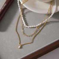 Ensemble de colliers superposés en acier inoxydable plaqué or, avec perles et pendentif en zircon cubique, pour femmes