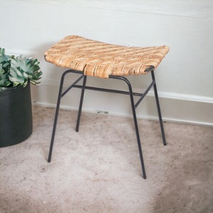 Handmade Natural <b>Vintage</b> Style Woven Rattan <b>Stool</b> Modern Armless Outdoor Dining Bar Party Living Room Restaurant Metal Frame - Product Image 6