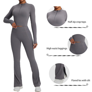 POVTY Custom Women's Plus Size <strong>Black</strong> Half-Zip Long Sleeve <strong>Crop</strong> Top Flare Leg Yoga <strong>Leggings</strong> 2-Piece Set Quick Dry Breathable - Product Image 2