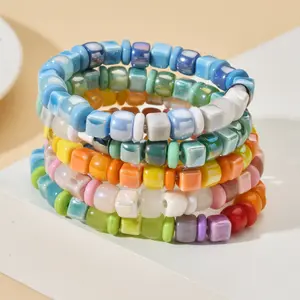 Trendy Clashing Color Abacus Bohemian Style Beads Bracelet Crystal Candy Color Mixed Stretch String Ceramic Beads Bracelet