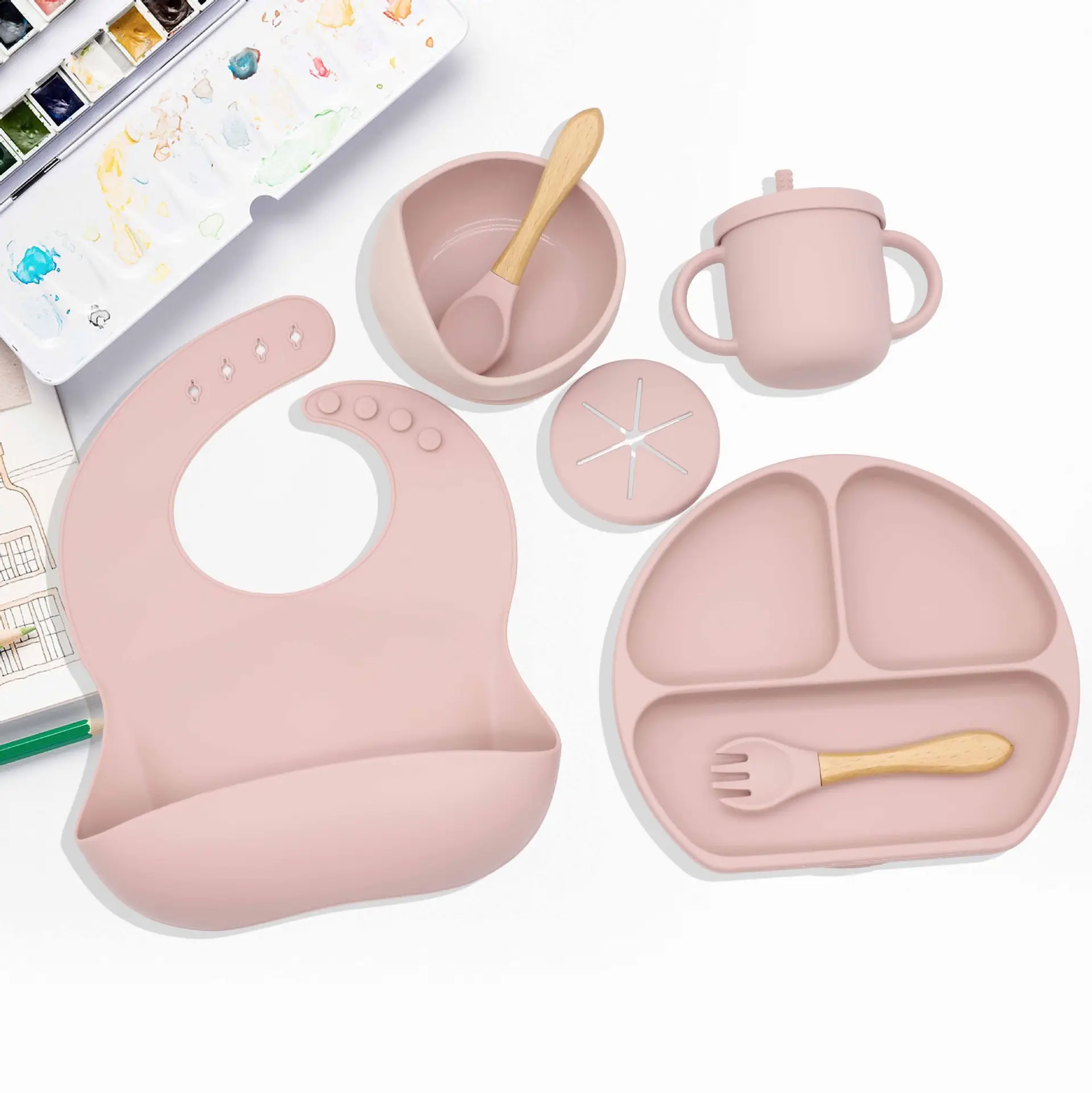 SILICONE FACTORY Melamin Mix Farbe Stimmung Pulver Milch schale Shenzhen Soft Spoon Bpa Free Silikon Baby Fütterung sset