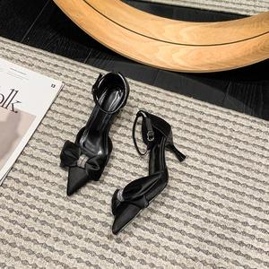 2023 Autumn New Women's <b>Sandals</b> with Bow Knot Pointed Thin Heels, Baotou Rhinestone Low Heels Women's Shoes - Product Image 4