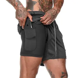 Herren Doppellagiger Fitness-Shorts Kordelzug Netzfutter elastische Taille atmungsaktiv schnell trocknend am Strand Pool Sommer männlich