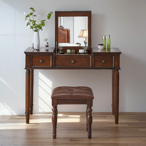 Table de maquillage en bois massif de style américain avec miroir, coiffeuse intégrée pour chambre à coucher, petite console moderne avec rangement - Product Image 6