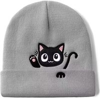 Bonnet en tricot brodé chat noir mignon, bonnet d'hiver unisexe à revers, doux et chaud, cadeau pour les amoureux des chats