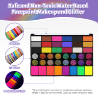 Palet Cat Warna Air 42 Warna untuk Wajah dan Tubuh dengan Glitter, Perlengkapan Melukis Wajah Neon UV untuk Halloween, Cosplay, SFX, Panggung, dan Pesta