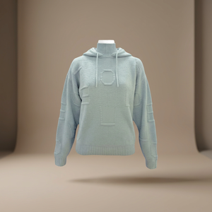 เสื้อสเวตเตอร์ไหมพรมมีฮู้ดสีฟ้าอ่อนสำหรับผู้หญิง แขนยาว สวมใส่สบายในฤดูหนาว สีพื้น ถักด้วยมือ - Product Image 3