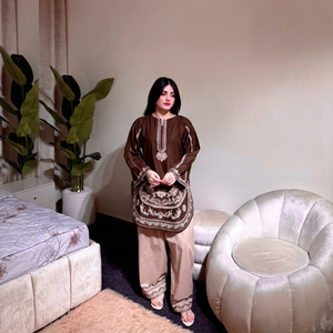Ensemble Kurti pakistanais brodé marron, costume Salwar beige, tenue ethnique pour femmes, vêtements de fête et de mariage - Product Image 1