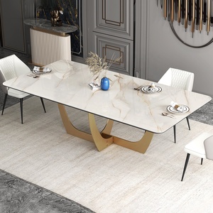 Chân bàn ăn bằng gỗ, đá, kính 71 inch, màu vàng hồng, mặt bàn kính hình oval cố định, mạ điện, thép không gỉ đánh bóng, đồng thau. - Product Image 4