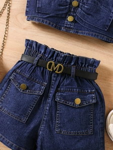 Conjunto de Roupas para Meninas Pequenas por Atacado, Top de Denim Sem Mangas com Laço + Shorts Jeans, Conjunto de 2 Peças - Product Image 6