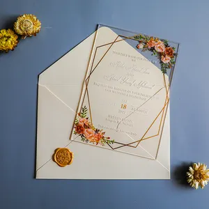 Carte d'invitation romantique transparente personnalisée en acrylique rose Quinceanera pour fête d'anniversaire et de mariage avec enveloppe et tampon en cire