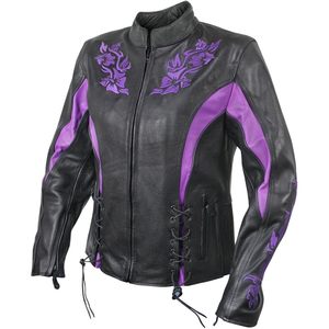 Chaqueta de cuero bordada en negro y morado para mujer 2025 Premium LKL27002 con protección CE Armor 5X-Large - Product Image 1