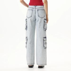 กางเกงยีนส์ขายส่งสั่งทำพิเศษสำหรับผู้หญิง กางเกงลำลองทรงหลวม กางเกงคาร์โก้หลายกระเป๋า กางเกงยีนส์ขากว้างสีน้ำเงิน - Product Image 4