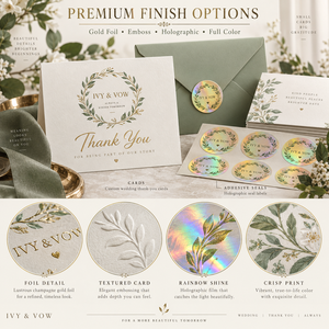 Cartes de remerciement personnalisées en or sur fond vert sauge avec enveloppes et autocollants holographiques pour cadeaux et emballages. - Product Image 4