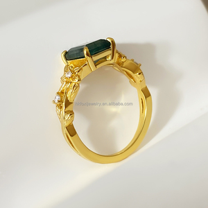 Classic Unique Design Trendy Brass <b>Moss</b> <b>Agate</b> Engagement <b>Ring</b> Princess Cut 18K Gold Plated Natural Green <b>Agate</b> for Women - Product Image 3
