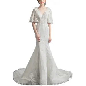 2022 New Designs Wholesale Wedding Dresses Half Puff Sleeve Lace V-Neck Ivory Empire Backless Bow Bridal Mermaid