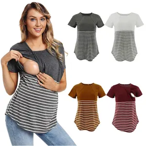 Avrupa ve amerikan moda yuvarlak boyun kısa kollu emzirme T-shirt çizgili dikiş hamile elbisesi hamile elbisesi