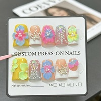 Lot de 10 faux ongles carrés courts en gel à presser, motif fleur 3D colorée, réutilisables pour les fêtes estivales – Vente en gros ChicBeauty Nails faits à la main