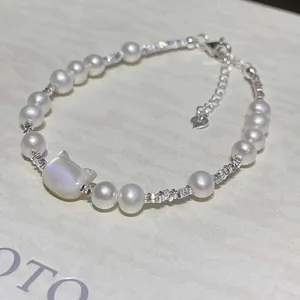 Freshwater Pearl Bracelet Pearl Jewelry Cat Silver 925 Sterling Silver Seashell Carved Cute Natural 5-6mm Beaded Bracelets 913
