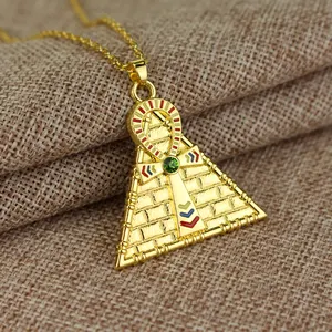 Vintage Triangle Egyptian Pyramid Necklace Ancient Visionary Eye Cross Chain Pendant Mysterious Pharaoh Gemstone Jewelry for Men
