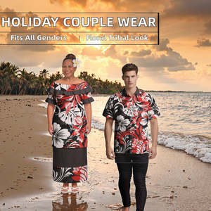 Conjuntos de Ropa para Parejas para las Fiestas, Puletasi Samoano Personalizado para Mujer, Camisas Hawaianas para Hombre, Poliéster Floral, Formal, Talla Grande, Manga Corta, Invierno - Product Image 2