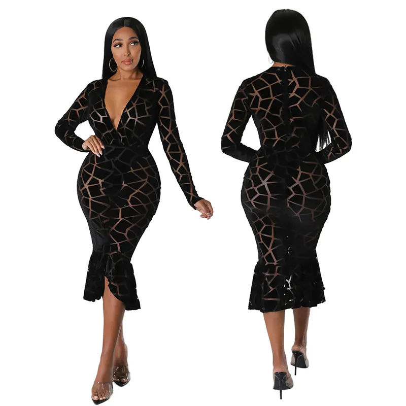 CY900205 Women Girls Mujer Adogir S-2XL Geometric Flocking Sheer Mesh Long Sleeve V-Neck Bodycon Midi Ruffle Daily Club Dress