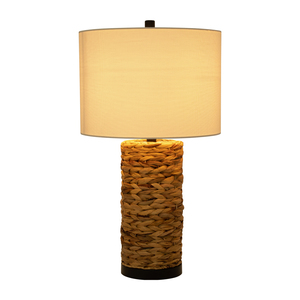 Lampada da tavolo con base in erba marina intrecciata e paralume in lino per l'arredamento di camera da letto e soggiorno - Product Image 3