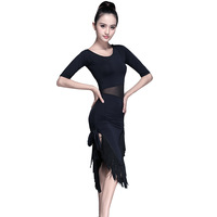 Robe de danse latine à gland noir avec coupe asymétrique rouge à manches courtes Sexy Ballroom Performance Wear à la mode Sexy Dancewear