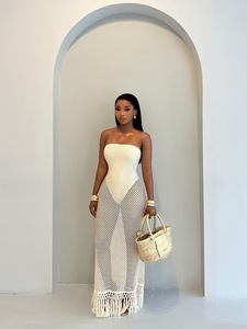 Women Strapless Crochet Mesh <strong>Dress</strong> <strong>Fringe</strong> Trim Hollow Out Mesh Beach Cover up See Through Vacation Party Bodycon <strong>Dress</strong> - Product Image 4