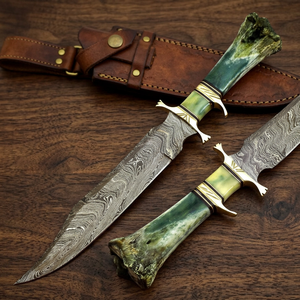 Premium Industrial Grade Damascus Steel Straight Edge Clip Point Durable Camping Bowie <b>Knife</b> Green Camel <b>Bone</b> <b>Handle</b> Brass Guard - Product Image 3