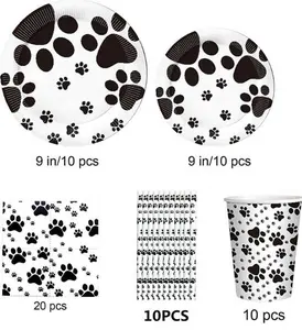 ชุดเครื่องใช้บนโต๊ะอาหารแบบใช้แล้วทิ้ง,ชุดเครื่องใช้บนโต๊ะอาหารสำหรับงานเลี้ยงวันเกิดธีมงานปาร์ตี้รูปรอยเท้าสุนัข