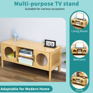 خزانة تلفزيون عصرية مخصصة من الخيزران ببابين ورفين مفتوحين - Product Image 4