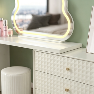 Coiffeuse moderne blanche avec miroir LED Cloud, meuble de rangement et tabouret pour chambre à coucher - Product Image 2