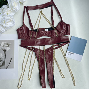 Leather 3 Piece <b>Sexy</b> Lingerie <b>Set</b> Metal Chain Decor Underwire Bra Waist Belt Thong Women Punk Style Erotic Intimates Wholesale - Product Image 5
