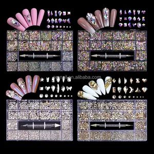 Parlak kristal AB beyaz gökkuşağı Nail Art Mix şekli fantezi kutu düz tabanlı cam tırnak taklidi sanat dekorasyon rhinestones