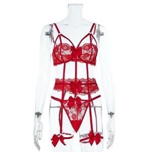 女性用4ピースエロランジェリーセットレースファンシーブラボウタイ魅惑的なひもセックスパジャマとガーターレディースセクシーな下着 - Product Image 6