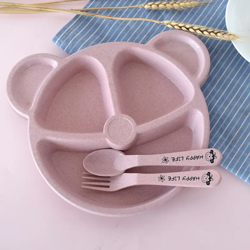 Baby bowl+spoon+fork Feeding Food Tableware Set Cartoon Bear Kids Dishes Eating Dinnerware Anti-hot Wheat Straw Training Plate