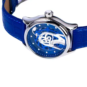 Classic Blue gent watch Hollow Dial Imported Automatic Movement tourbillon watch Leather Strap men watch waterproof