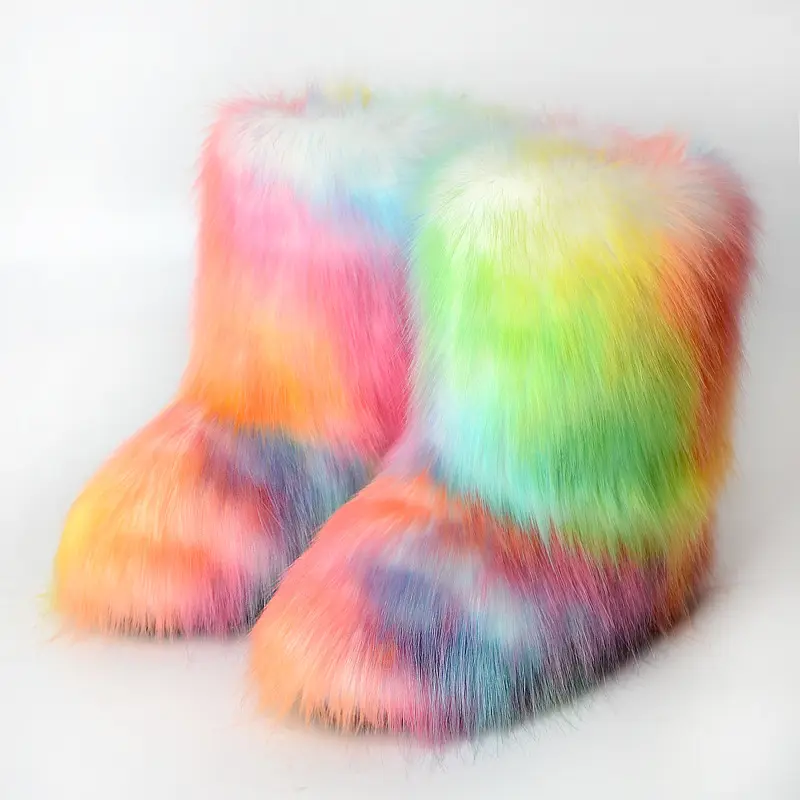Women faux fluffy fur snow boots set ladies high winter warm furry fur boots with matching purse and headband