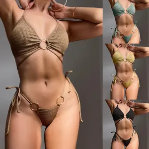 TW 2023 Set Bikini Seksi Baru Warna Solid Bertali Baju Renang Pantai dengan Aksesori Logam Pakaian Renang Wanita