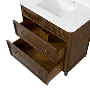 Custom Solid Wood with Oak Veneered <strong>Bathroom</strong> <strong>Vanity</strong> Striped Fluted Design with Quartz Countertop Single Sink Modern Cabinet - Product Image 6