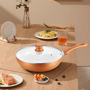 Multifunción 28cm La <span class=keywords><strong>mejor</strong></span> cocina Antiadherente Cocina Mango de madera Corea Aluminio Cerámica <span class=keywords><strong>Wok</strong></span> Pan con tapa de vidrio - Product Image 3