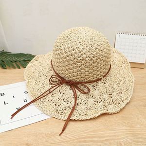Bow Foldable Sun Hat Seaside Beach <b>Sunscreen</b> Large Brim Hat Handmade Crochet Straw Hat for Spring and Summer - Product Image 2