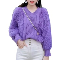 Pull tricoté décontracté pour femme en viscose/polyester, col rond ample avec pompons – Collection Hiver – Grande Vente