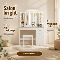 Coiffeuse moderne éclairée avec panneau en bois, miroir intégré, design blanc pour chambre à coucher
