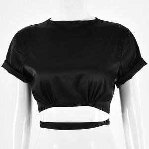 Cropped Top Women Pink Satin Short Sleeve Backless <b>Tie</b> Front Solid Color T Shirt - Product Image 5