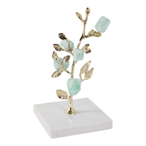 Sculpture d'arbre décorative pour la maison, branche dorée avec pierres aquamarine, base en marbre, pour la salle de bain, le bureau, la salle à manger, la décoration de la maison - Product Image 2