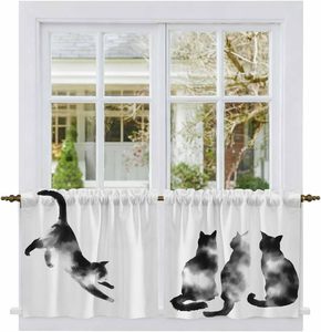 Rideaux courts à volants motif <span class=keywords><strong>chat</strong></span> noir et blanc pour salle de bain, au-dessus de l'évier, petite cuisine, 2 panneaux - Product Image 4