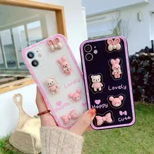 2022 New 3D Cartoon Bear Rabbit Soft Girl Mobile Phone Case For iphone 13 11 12 Pro Max Camera Protective Cute Back Cover