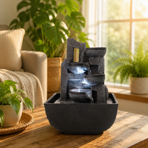 Fontaine d'eau de table en résine, statue de Bouddha priant, cascade de roches empilées, lumière LED pour un style zen, intérieur, maison, bureau - Product Image 3